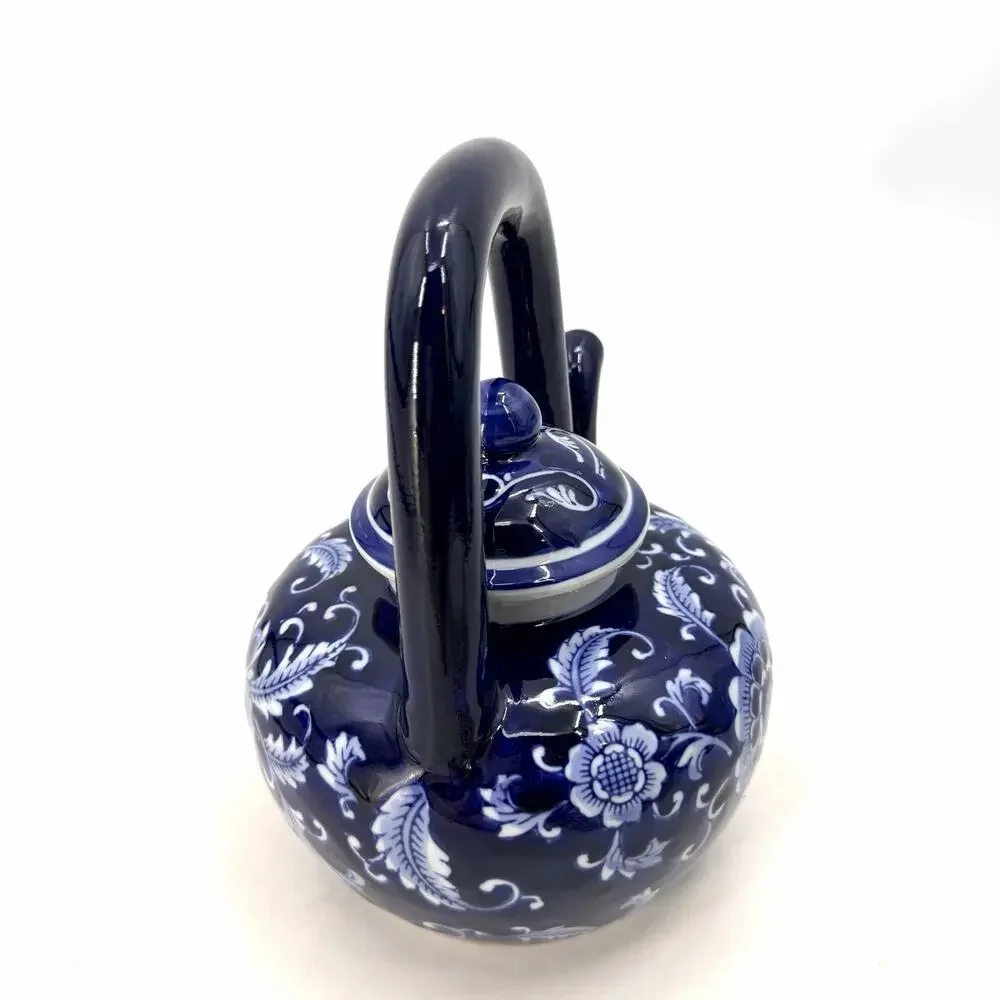Mandarin Style Cobalt Blue White Floral Lidded Porcelain Teapot